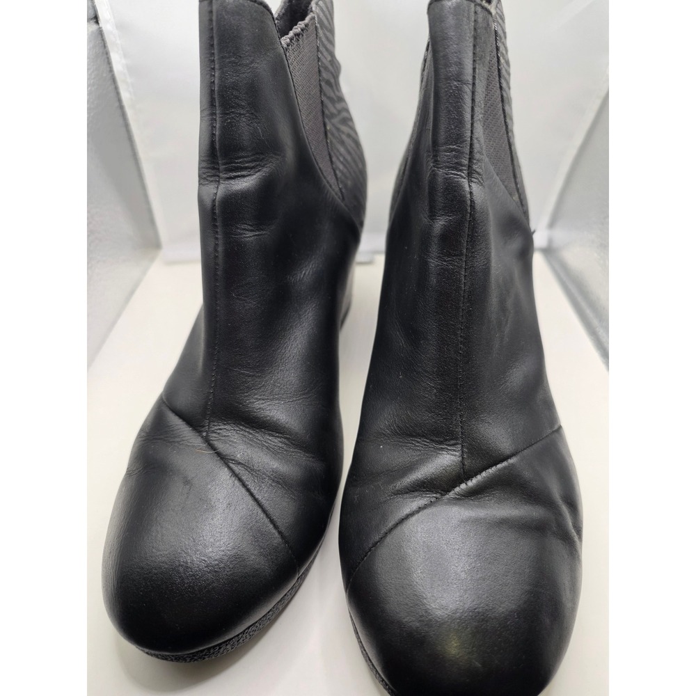 Toms Black Leather Wedge Ankle Boots Zebra Print Heel Women Size 9.5 Booties